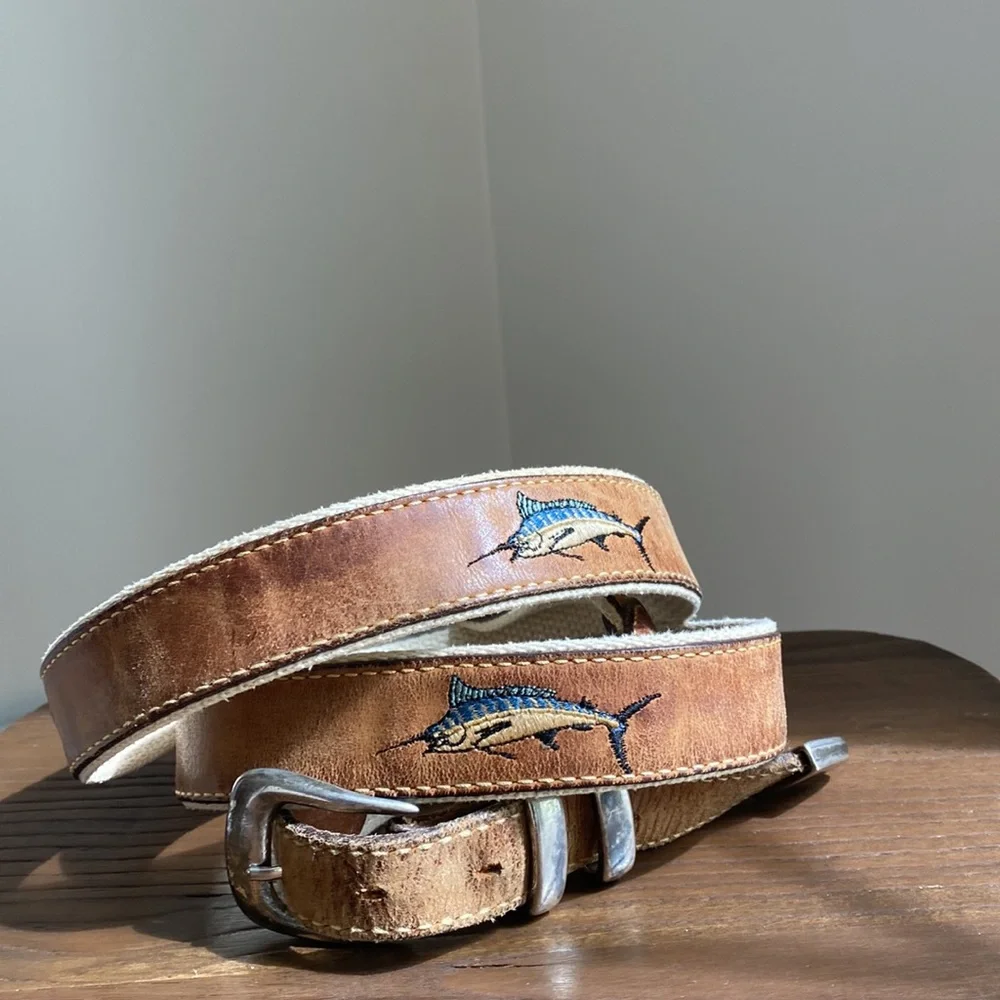 Mens distressed leather embroidered vintage sailfish fishing belt silver tip